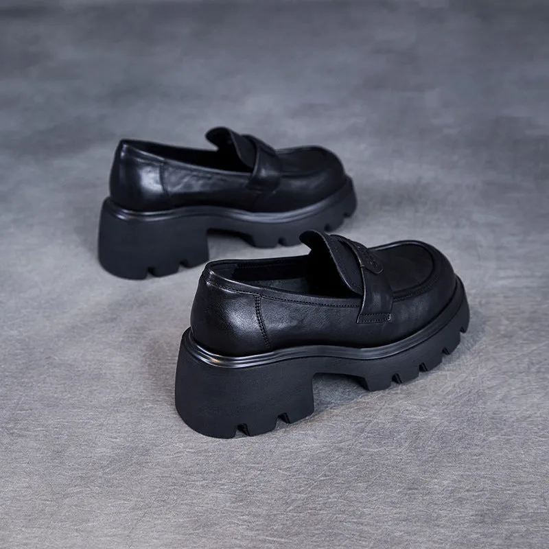 Women Minimalism Solid Leather Chunky Heel Loafers-Woolova