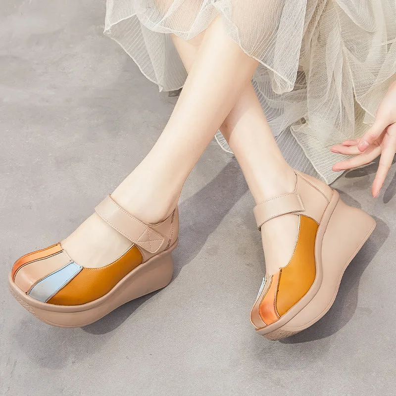 Women Color Matching Leather Casual Wedge Loafers-Woolova