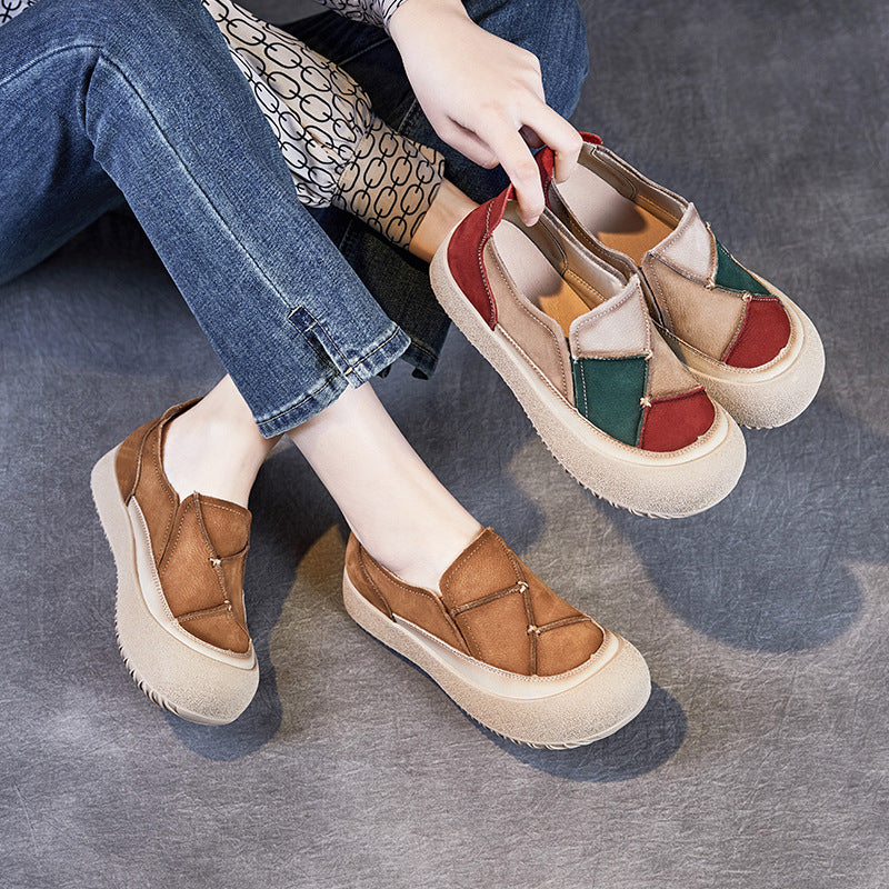 Women Vintage Color Matching Patchwork Leather Casual Shoes-Woolova