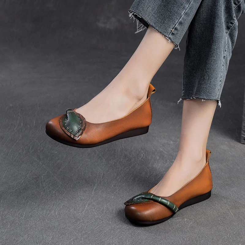 Women Retro Leather Soft Casual Flats Shoes-Woolova