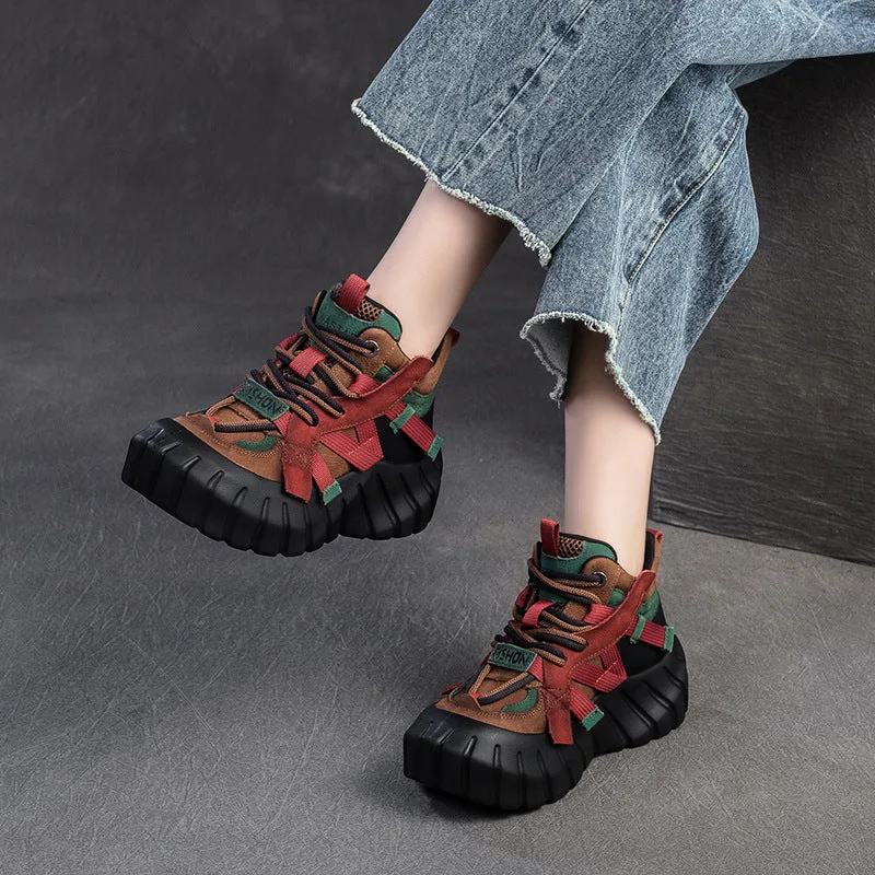 Women Color Matching Leather High-Top Platform Casual Shoes-Woolova
