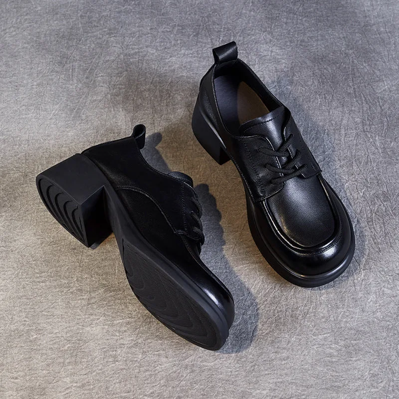 Women Classic Chunky Heel Work Leather Shoes-Woolova
