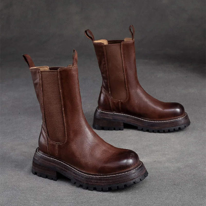 Women Retro Minimalist Leather Mid-Calf Boots-Woolova