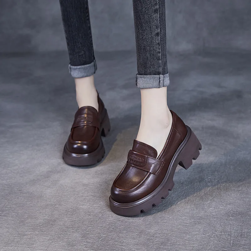 Women Minimalism Solid Leather Chunky Heel Loafers-Woolova
