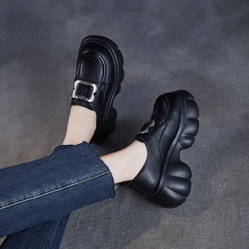 Women Plain Leather Buckle Chunky Platform Loafers-Woolova