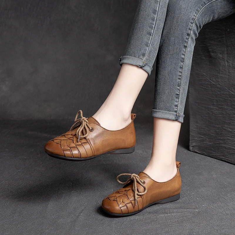 Women Retro Handmade Plaited Leather Flat Shoes-Woolova