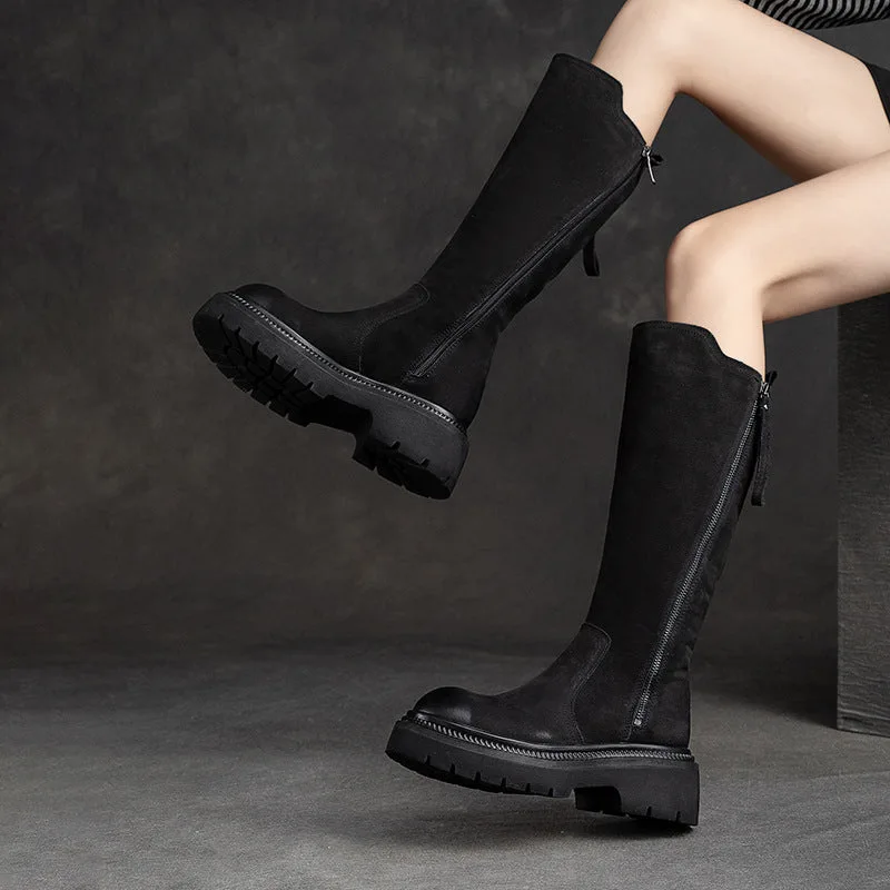Women Retro Leather Minimalist Winter Riding Boots-Woolova