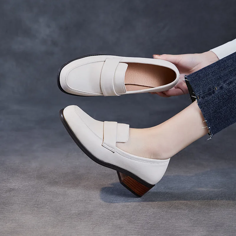 Women Plain Leather Elegant Low Block Loafers-Woolova