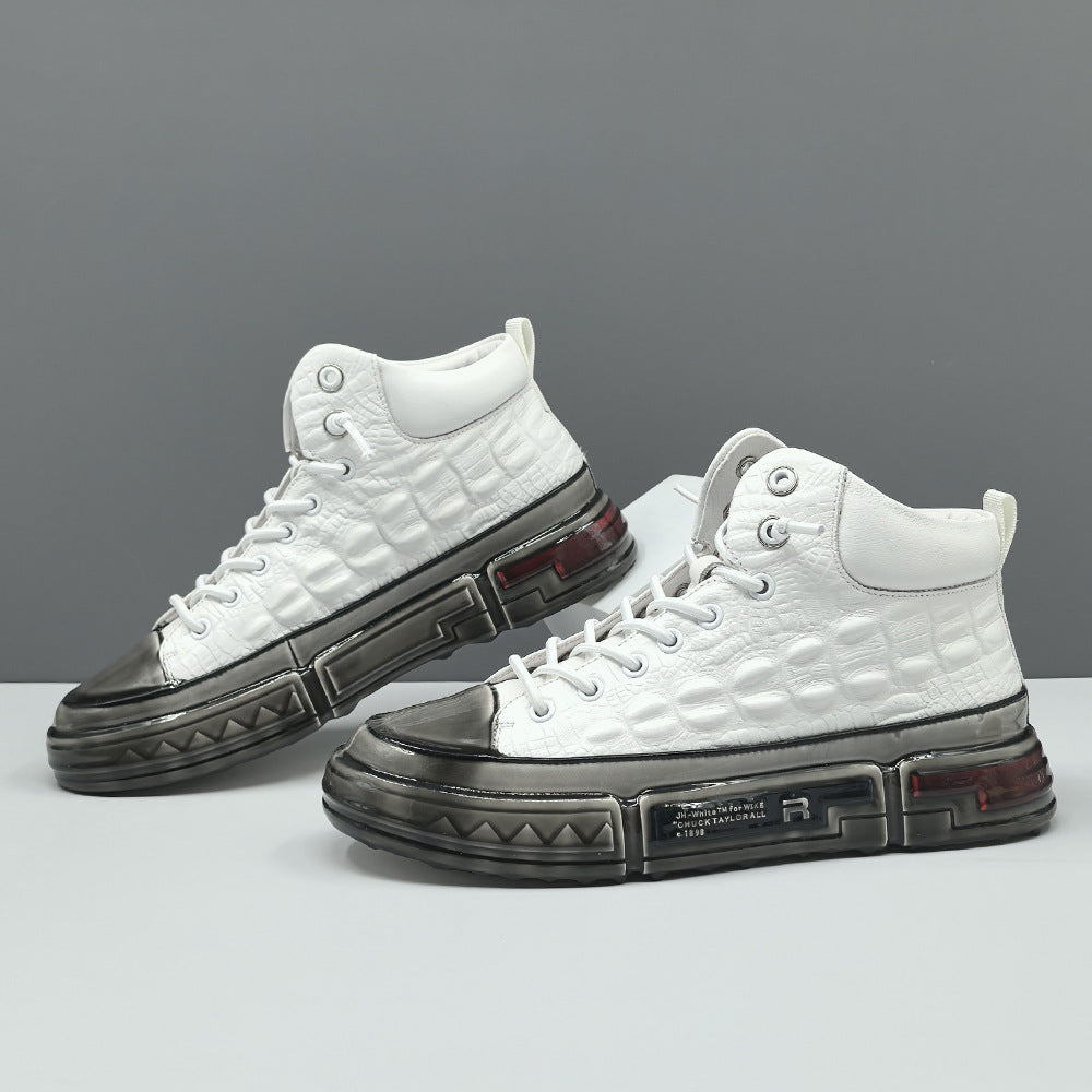 Men Fashion Embossed Leather High Top Casual Shoes-Woolova