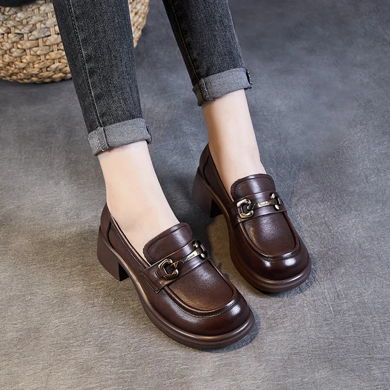 Women Retro Leather Chain Chunky Heel Loafers-Woolova