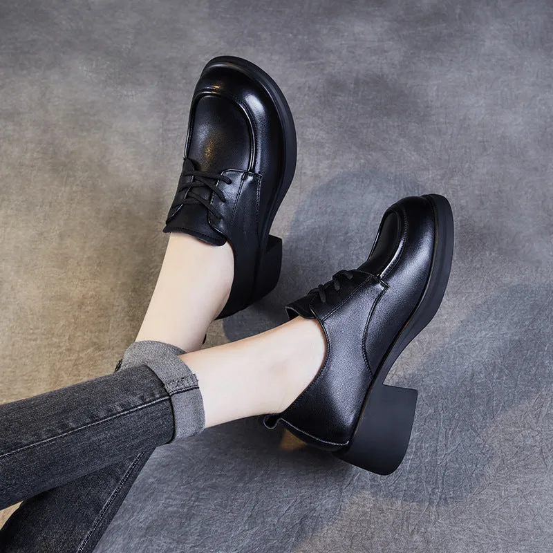 Women Classic Chunky Heel Work Leather Shoes-Woolova