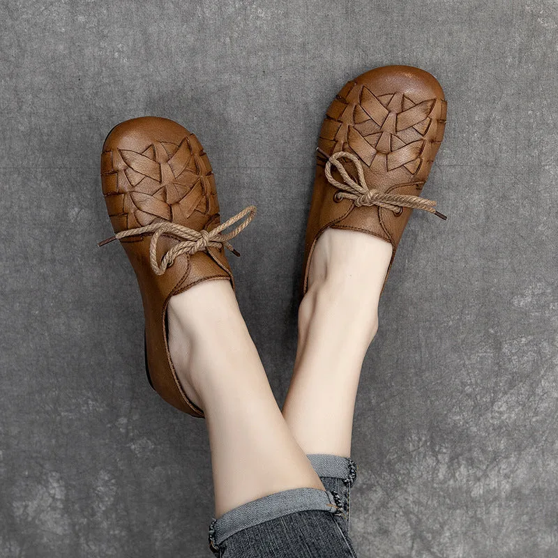 Women Retro Handmade Plaited Leather Flat Shoes-Woolova