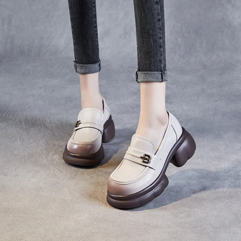 Women Retro Leather Platform Casual Loafers-Woolova