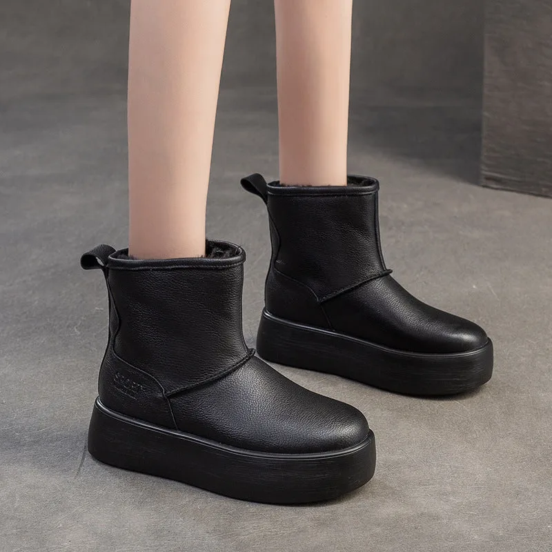 Women Minimalism Solid Leather Furred Snow Boots-Woolova