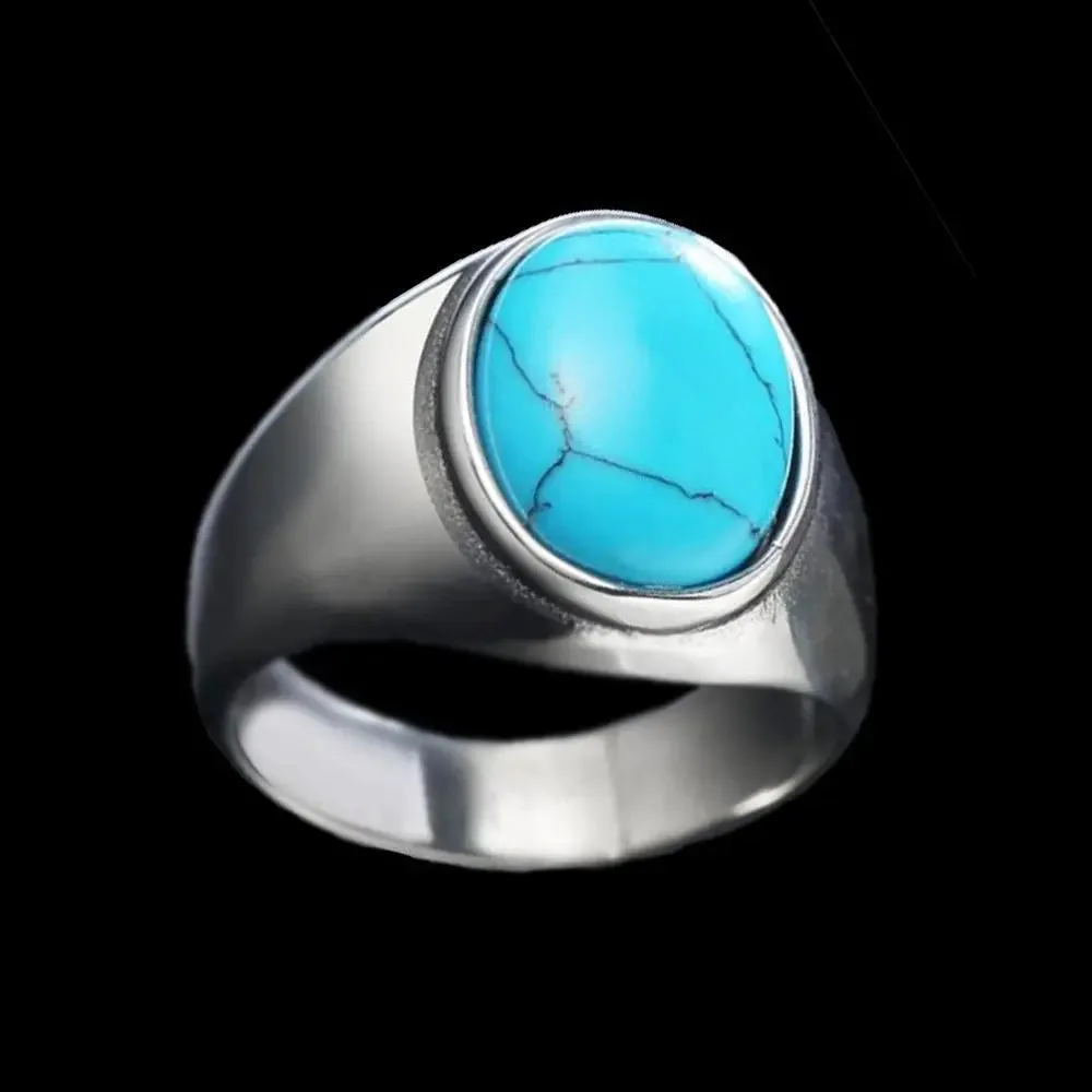Oval Blue Turquoise-Obsidian Stainless Steel Ring-Woolova