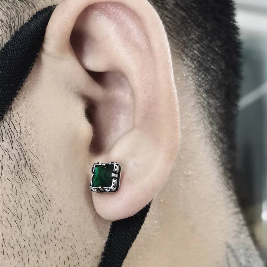 Punk Square Gemstone Men's Stud Earrings-Woolova