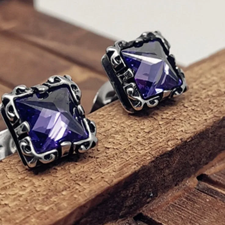 Punk Square Gemstone Men's Stud Earrings-Woolova