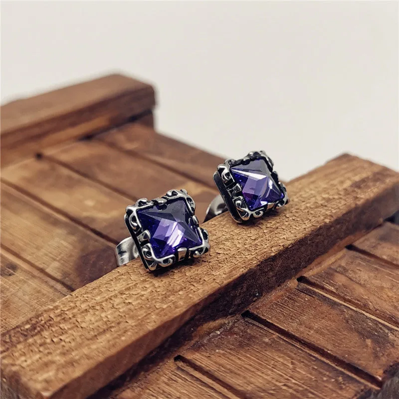 Punk Square Gemstone Men's Stud Earrings-Woolova