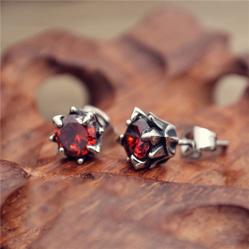 Punk Thorny Rose Men's Women's Gemstone Stud Earrings-Woolova