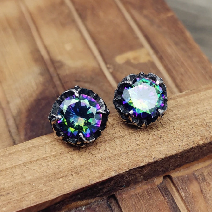 Retro Round Rainbow Gemstone Stud Earrings-Woolova