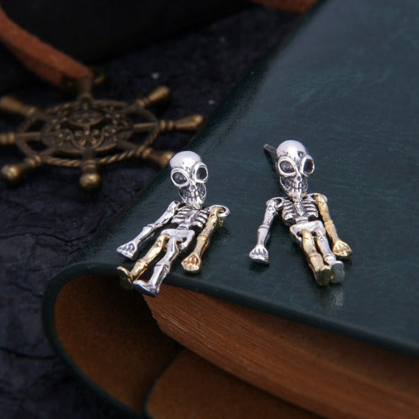Sterling Silver Movable Alien Skull Skeleton Earrings-Woolova