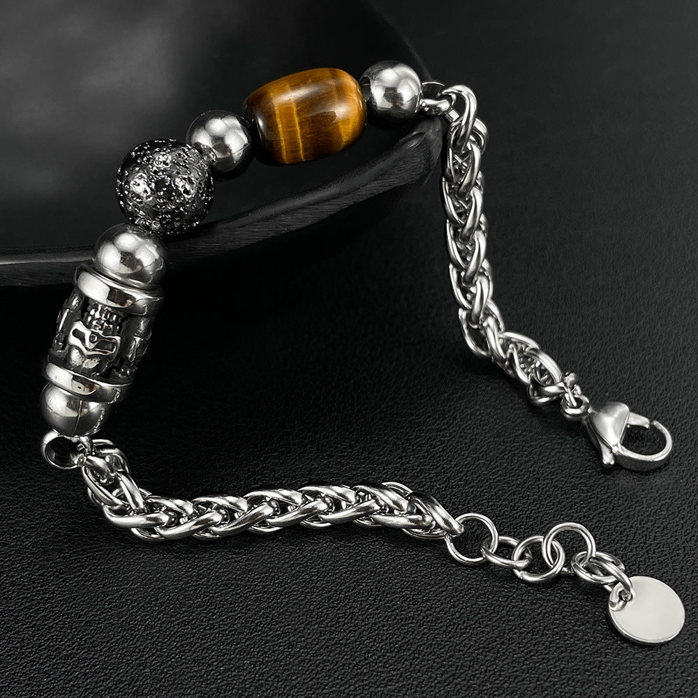 Stainless Steel Skull & Tiger Eye Bead Bracelet-Woolova