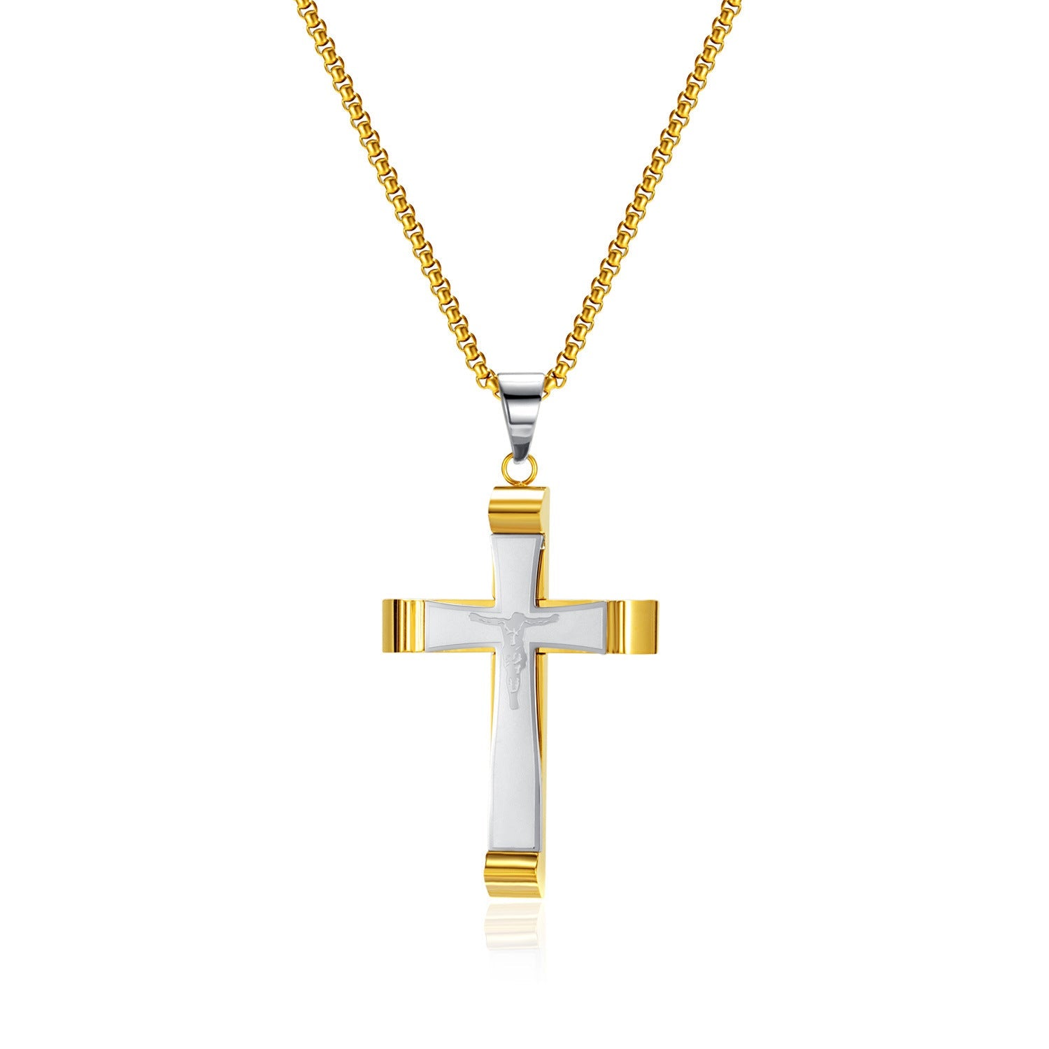 Stainless Steel Two-Tone Cross Pendant Necklace-Woolova