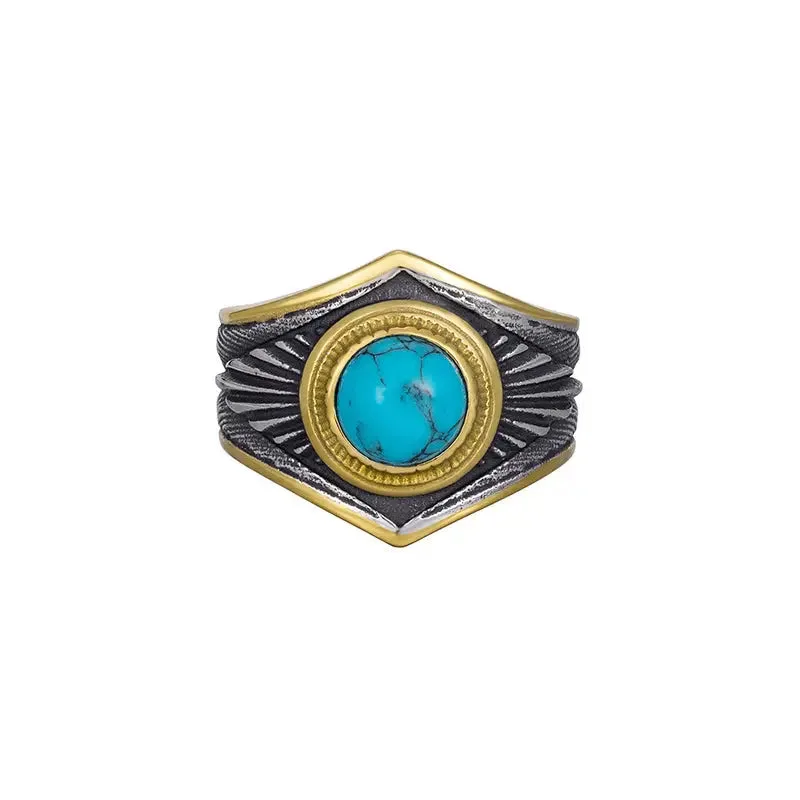 Turquoise Stone Feather Texture Stainless Steel Ring-Woolova