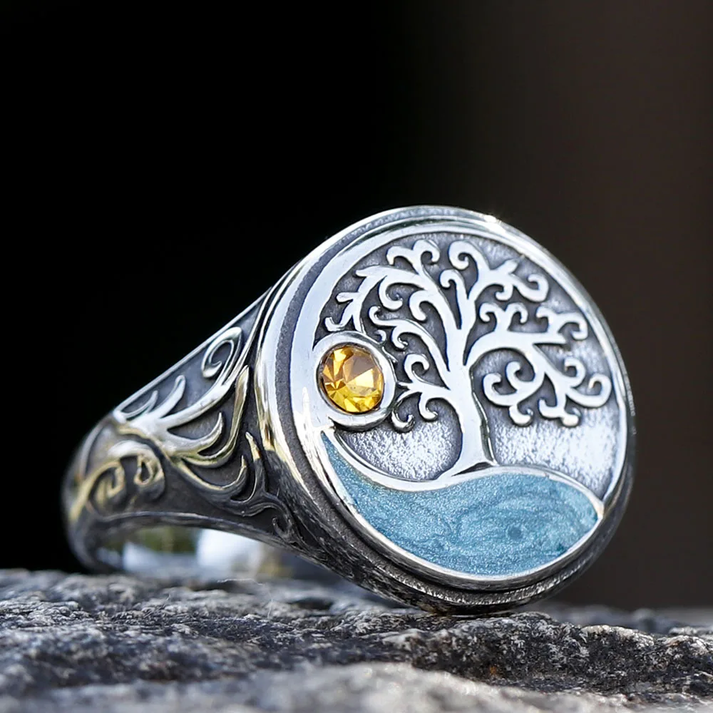Vintage Viking Tree Of Life Yellow Zircon Ring-Woolova