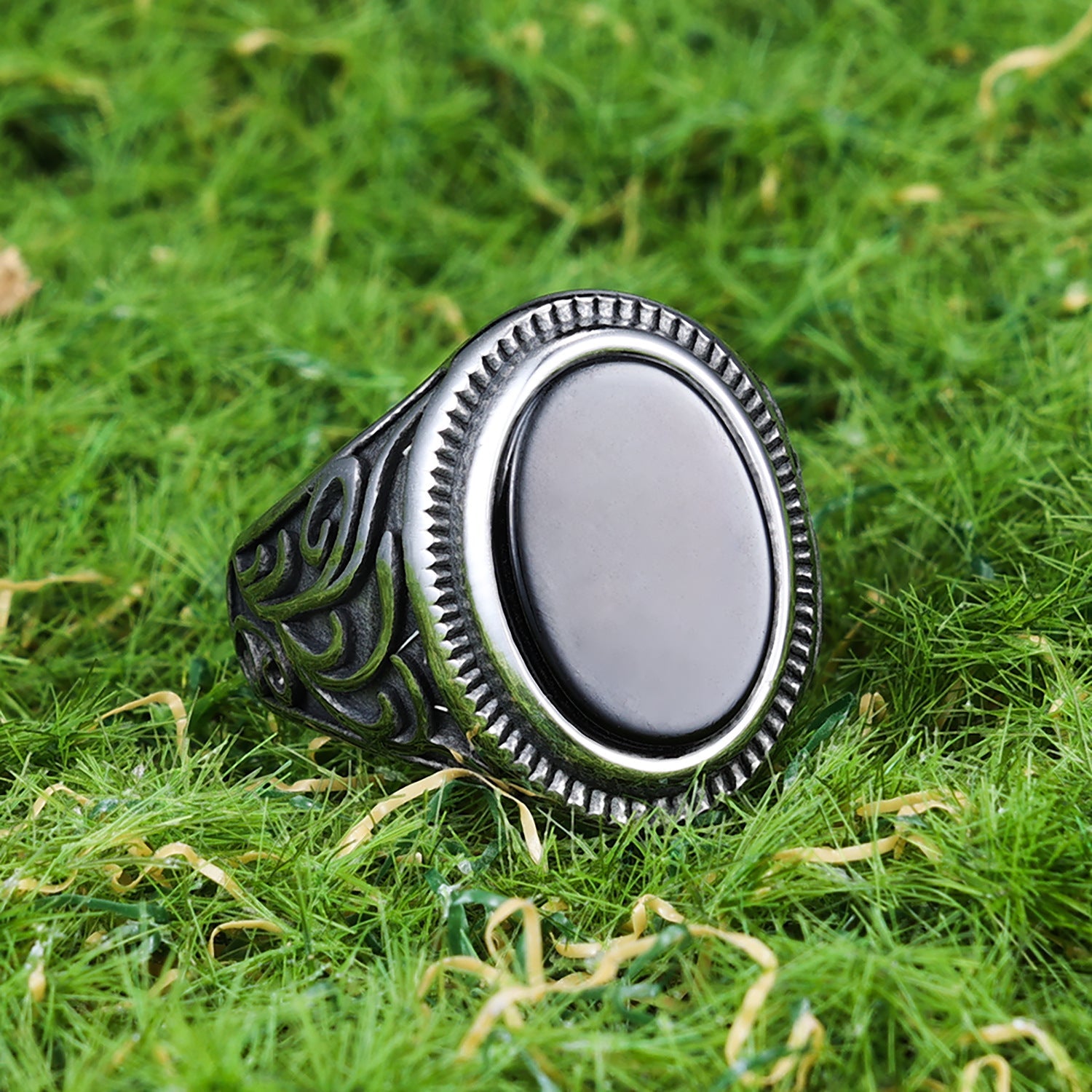 Vintage Pattern Black Onyx Men's Ring-Woolova