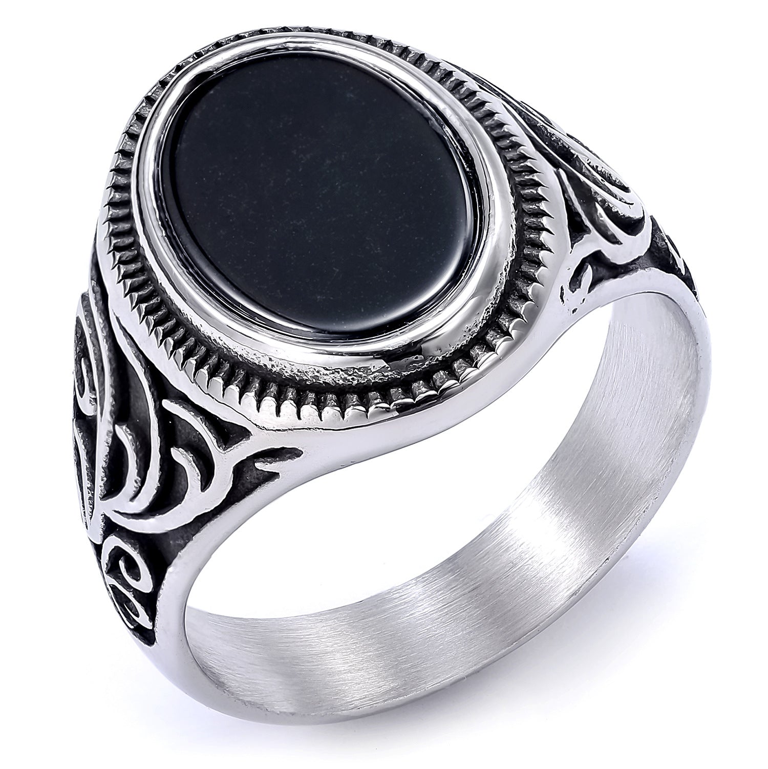 Vintage Pattern Black Onyx Men's Ring-Woolova