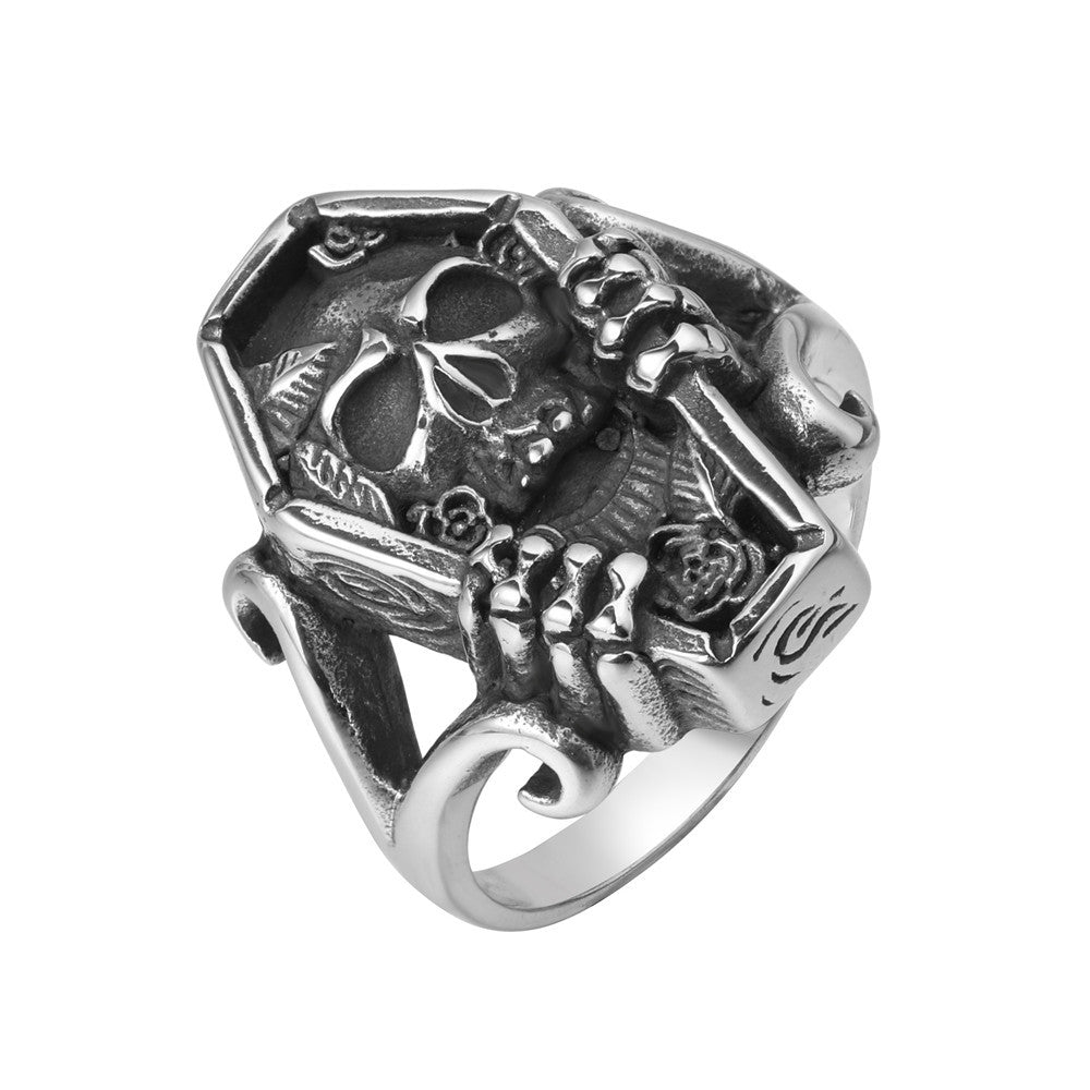 Vintage Skull Coffin Men's Stainless Steel Ring-Woolova