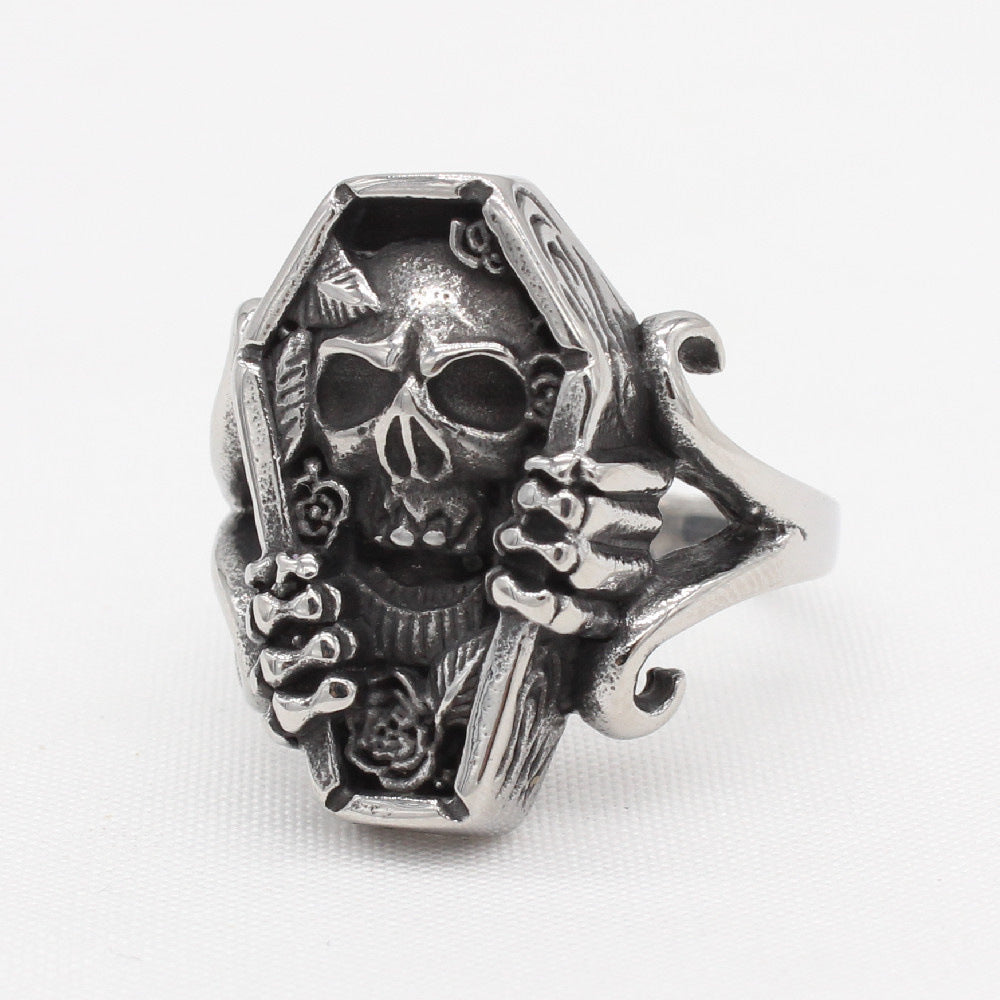 Vintage Skull Coffin Men's Stainless Steel Ring-Woolova