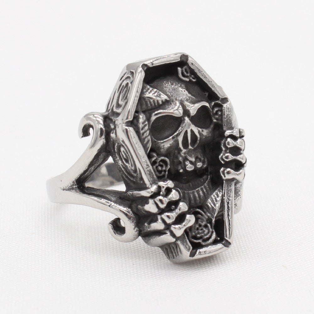 Vintage Skull Coffin Men's Stainless Steel Ring-Woolova