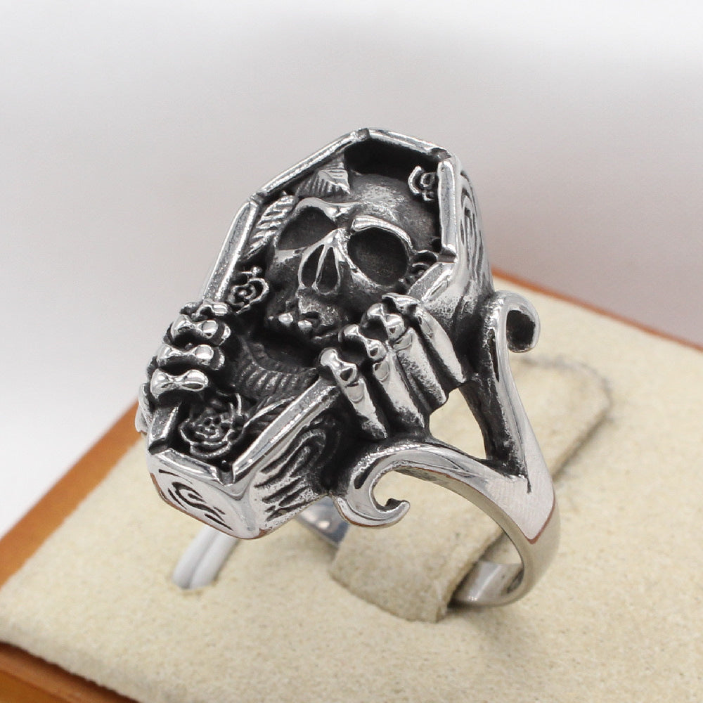 Vintage Skull Coffin Men's Stainless Steel Ring-Woolova