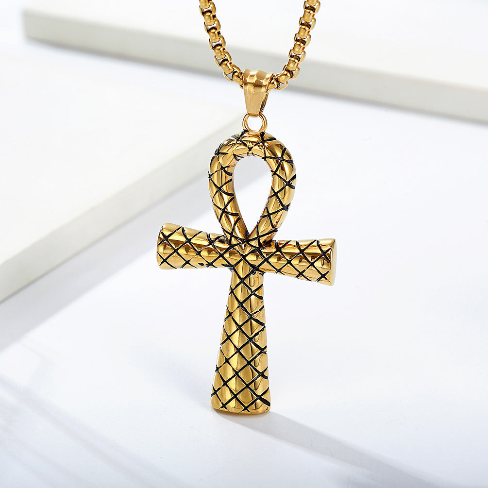 Vintage Snake Patterned Egyptian Ahkh Cross Stainless Steel Pendant-Woolova