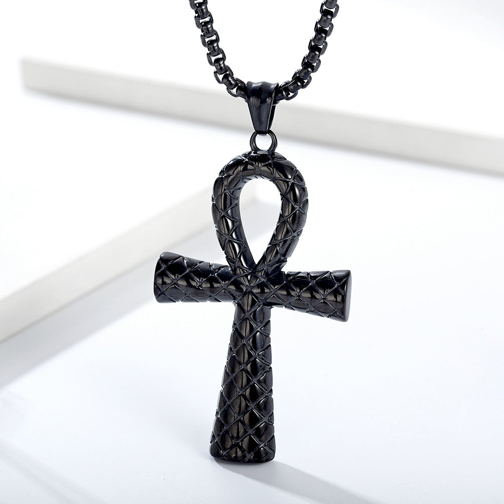 Vintage Snake Patterned Egyptian Ahkh Cross Stainless Steel Pendant-Woolova