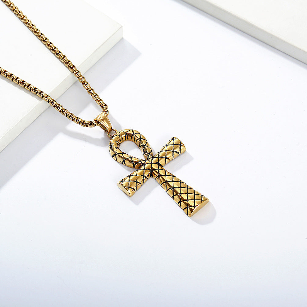 Vintage Snake Patterned Egyptian Ahkh Cross Stainless Steel Pendant-Woolova