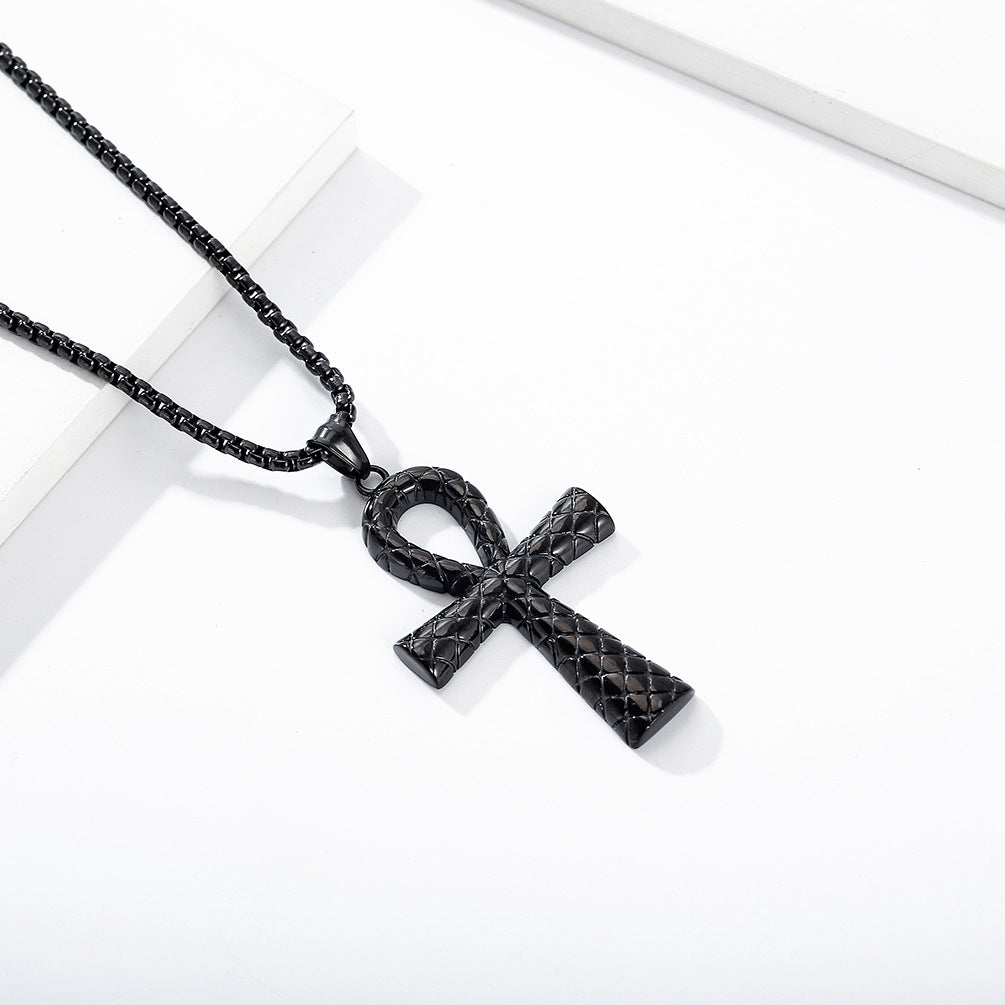Vintage Snake Patterned Egyptian Ahkh Cross Stainless Steel Pendant-Woolova