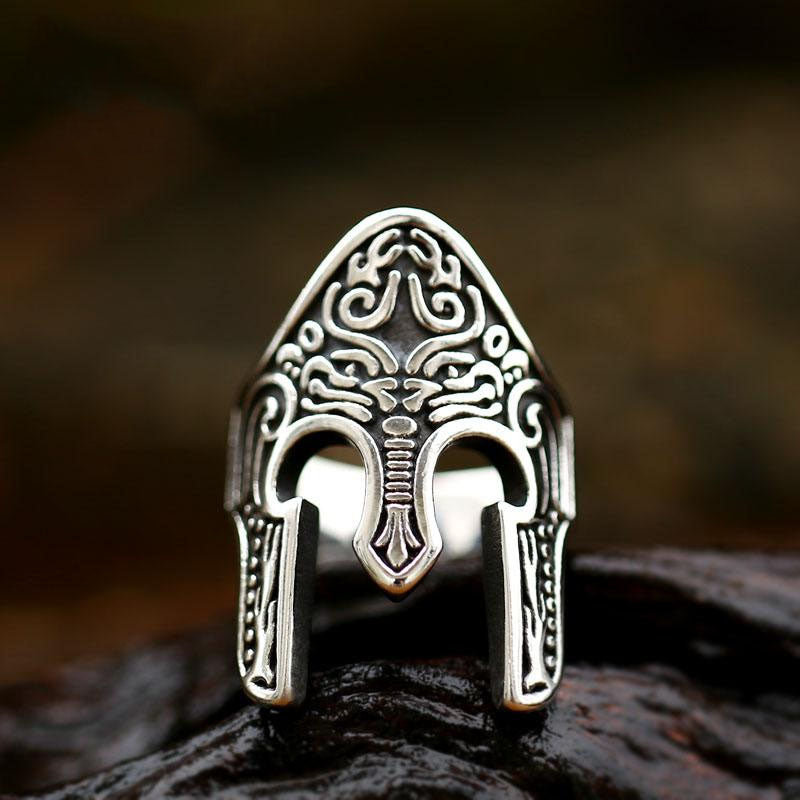 Vintage Spartan Helmet Mask Ring for Men-Woolova