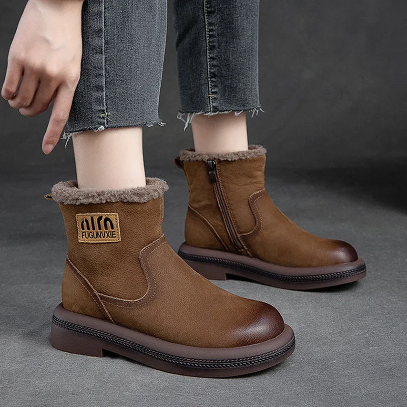 Women Retro Leather Patchwork Furred Snow Boots-Woolova