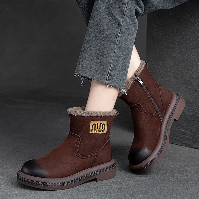 Women Retro Leather Patchwork Furred Snow Boots-Woolova