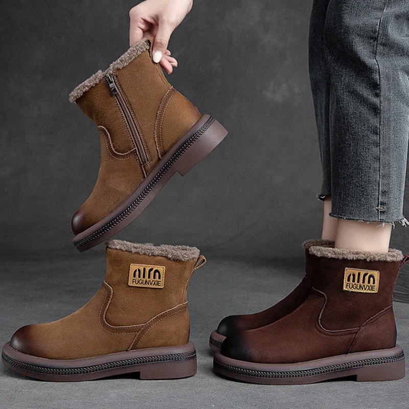 Women Retro Leather Patchwork Furred Snow Boots-Woolova