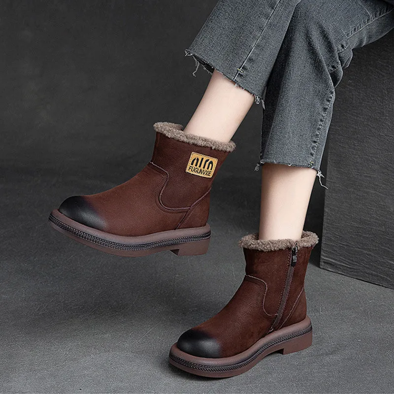 Women Retro Leather Patchwork Furred Snow Boots-Woolova