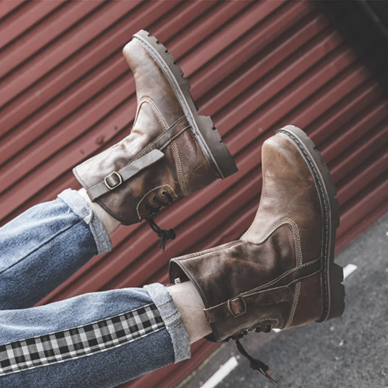 Men Spring Autumn Retro Cowhide Leather Boots-Woolova