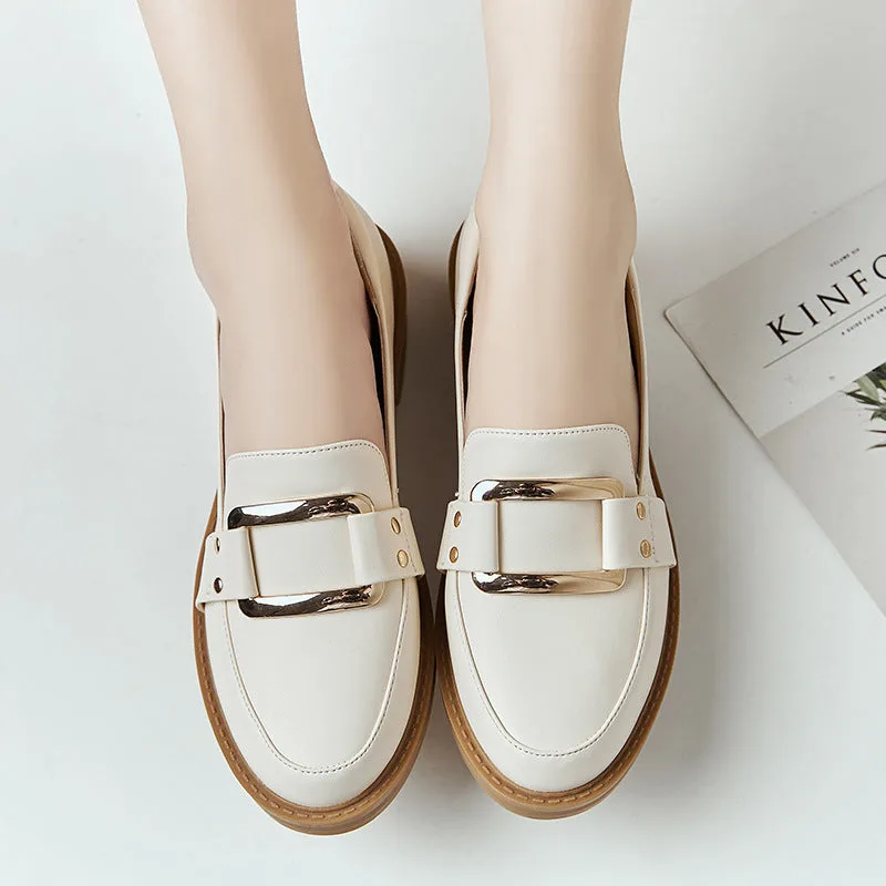Retro British Style Loafers Women's Gold Buckle Single Shoe-Woolova