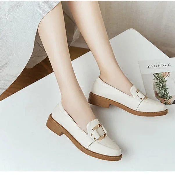 Retro British Style Loafers Women's Gold Buckle Single Shoe-Woolova