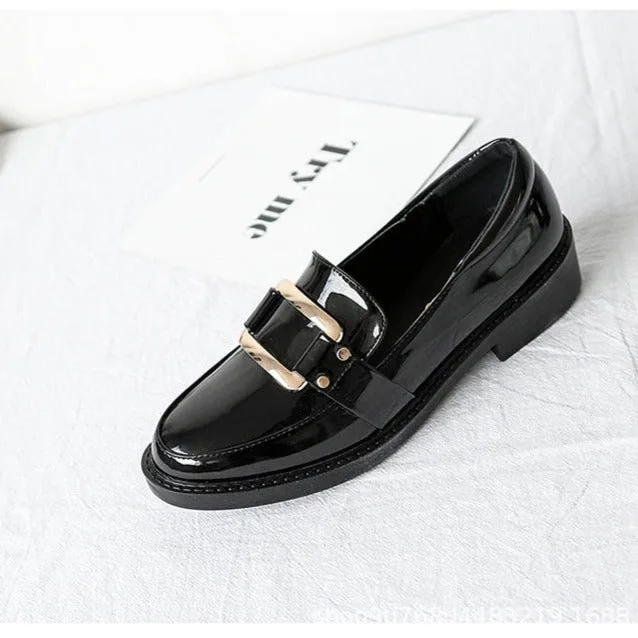 Retro British Style Loafers Women's Gold Buckle Single Shoe-Woolova