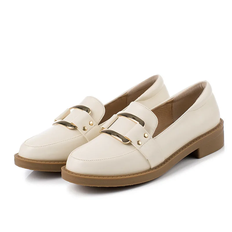 Retro British Style Loafers Women's Gold Buckle Single Shoe-Woolova