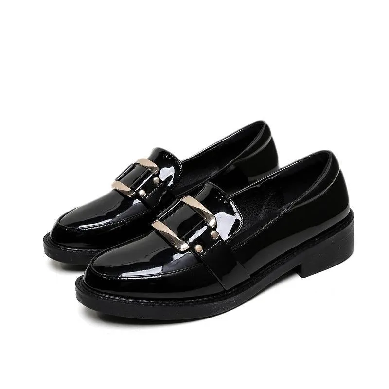 Retro British Style Loafers Women's Gold Buckle Single Shoe-Woolova